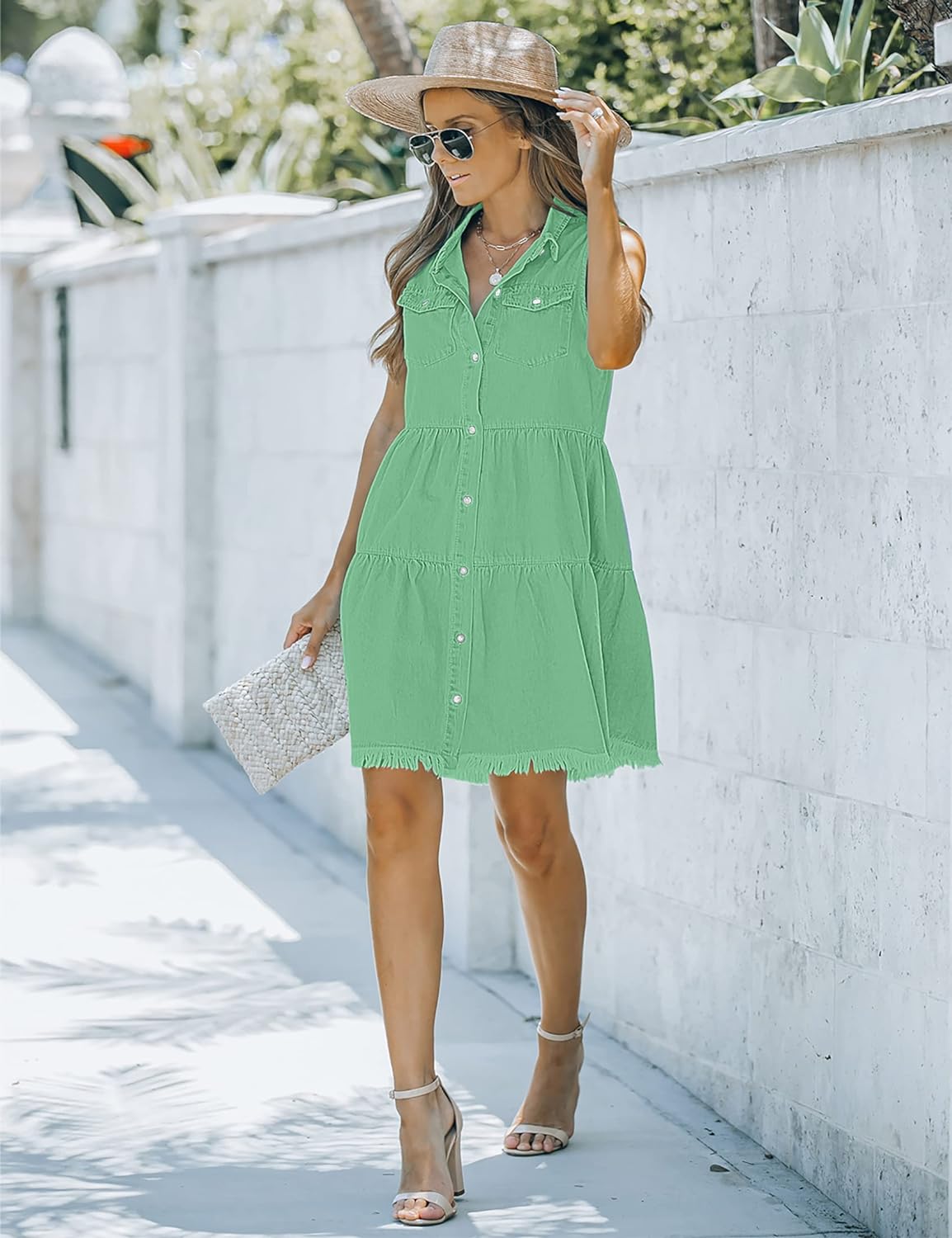 luvamia Women's Casual Summer Lapel Sleeveless Button Down Short Denim Jean Dress