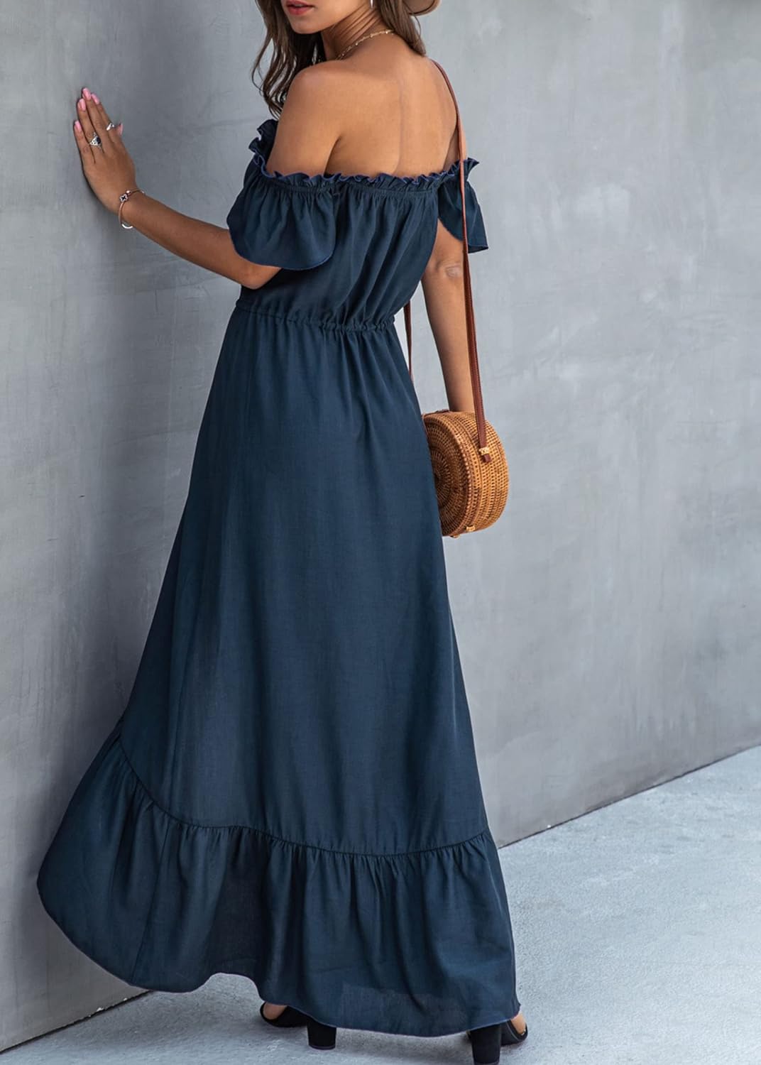 KIRUNDO Women's 2024 Summer Off Shoulder Maxi Dress Swiss Dot Short Sleeve High Waist Ruffle Tiered Flowy Long Dresses