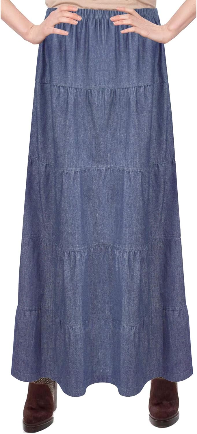 Baby'O Women's Ankle Length Tiered Long Denim Prairie Skirt