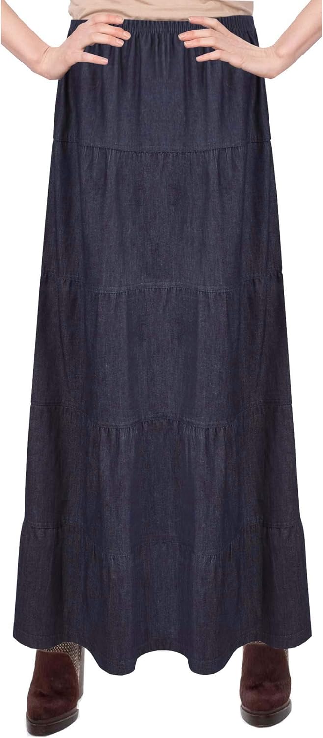 Baby'O Women's Ankle Length Tiered Long Denim Prairie Skirt