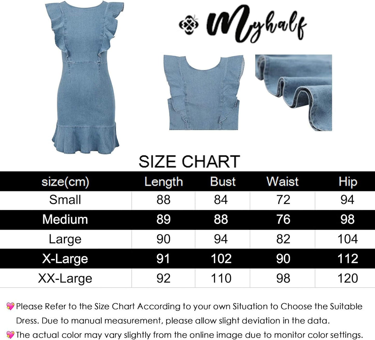 MYHALF Women's Casual Round Neck Ruffle Trim Sleeveless Denim A Line Mini Dress