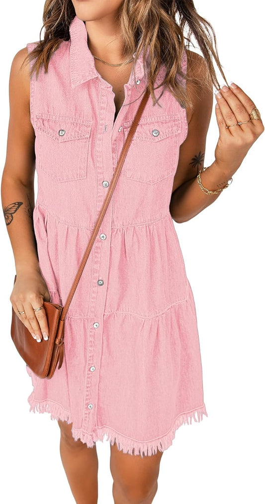 luvamia Women's Casual Summer Lapel Sleeveless Button Down Short Denim Jean Dress