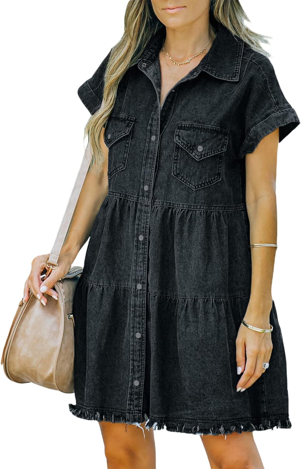 Sidefeel Womens Buttoned Frayed Pocket Short Sleeve Denim Jean Dresses