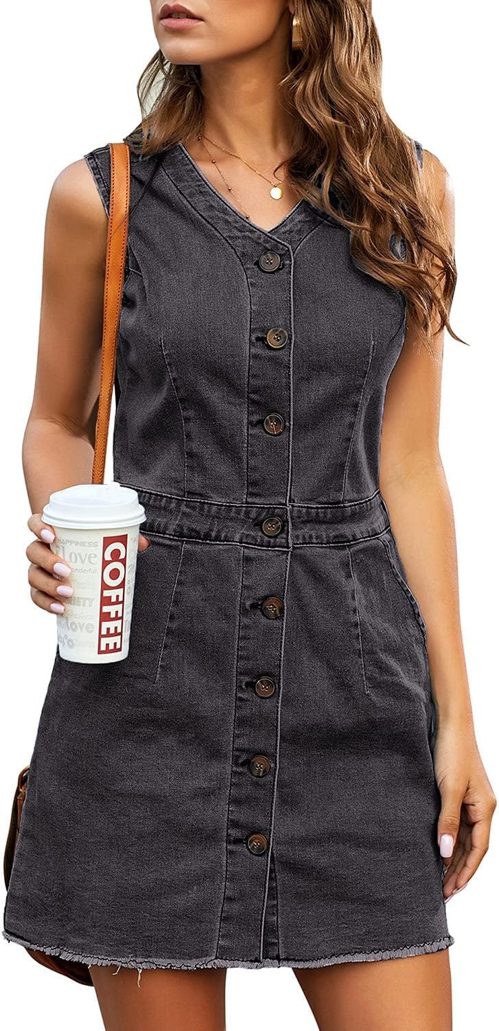 luvamia Women's Casual V Neck Sleeveless Jeans Button Down Denim Short Dress