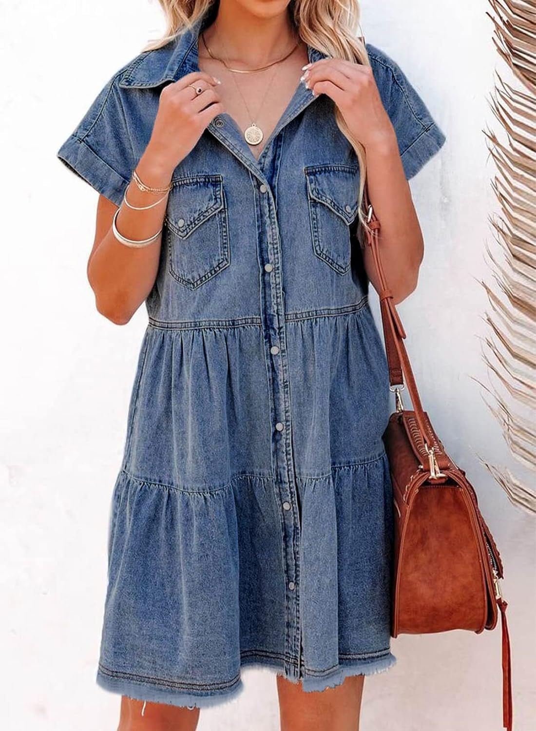Sidefeel Womens Buttoned Frayed Pocket Short Sleeve Denim Jean Dresses