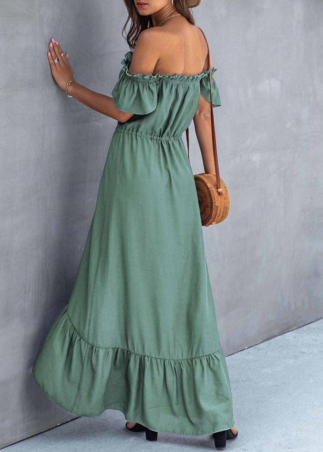 KIRUNDO Women's 2024 Summer Off Shoulder Maxi Dress Swiss Dot Short Sleeve High Waist Ruffle Tiered Flowy Long Dresses