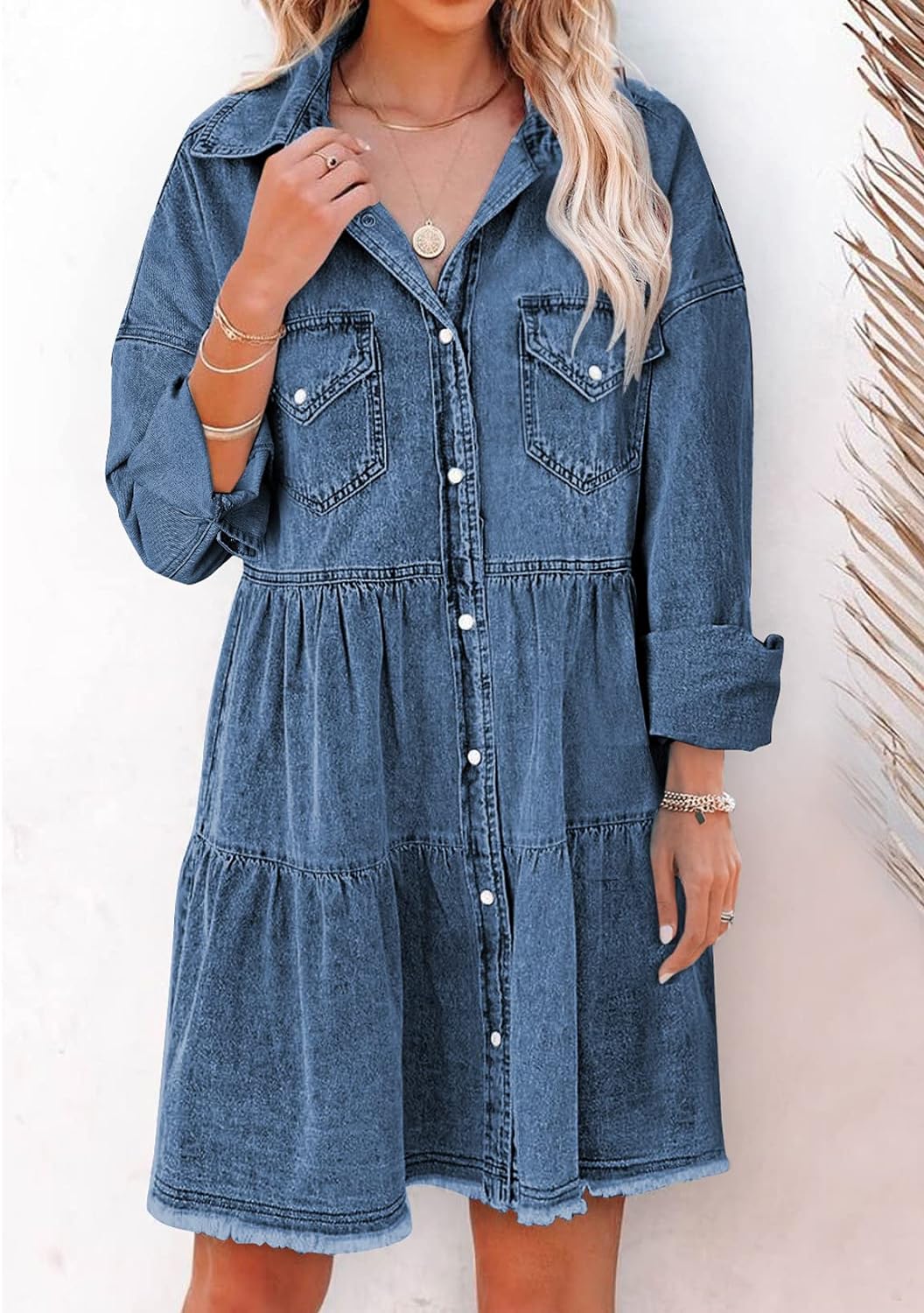 Sidefeel Womens Buttoned Frayed Pocket Short Sleeve Denim Jean Dresses