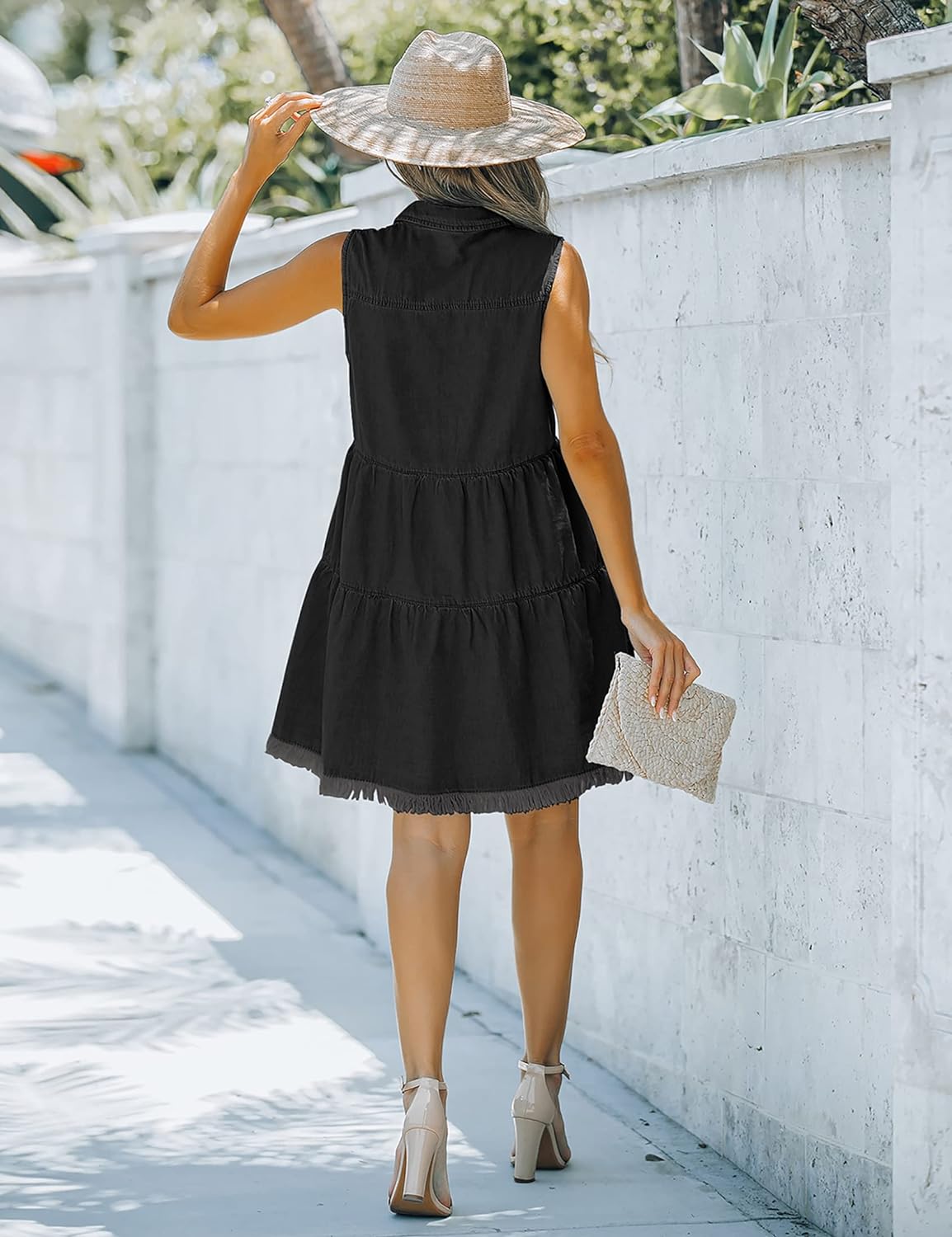 luvamia Women's Casual Summer Lapel Sleeveless Button Down Short Denim Jean Dress