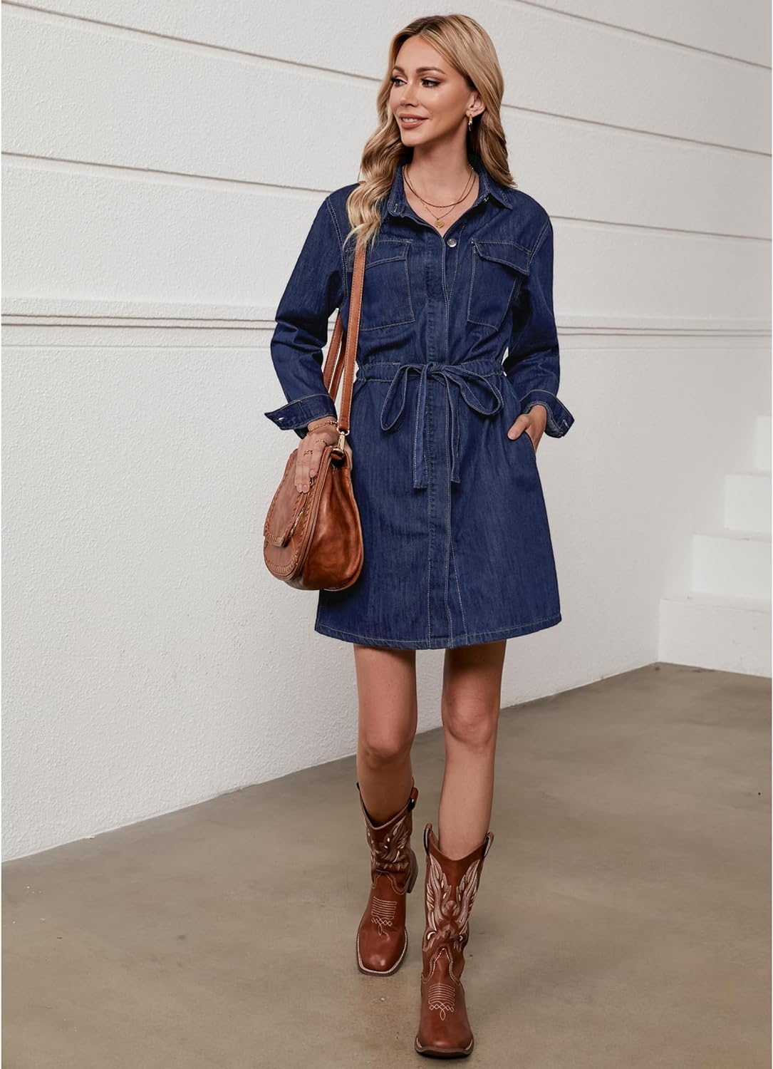 luvamia Denim Dress for Women Long Sleeve Jean Button Down Shirt Dresses with Pockets Casual Fashion Shift Short Dress