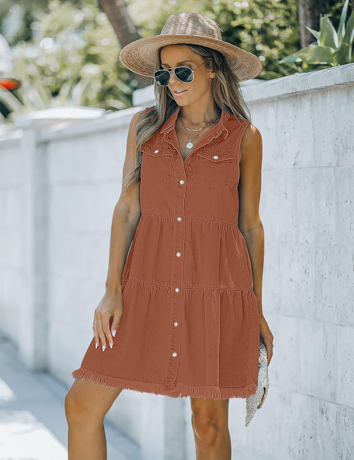 luvamia Women's Casual Summer Lapel Sleeveless Button Down Short Denim Jean Dress