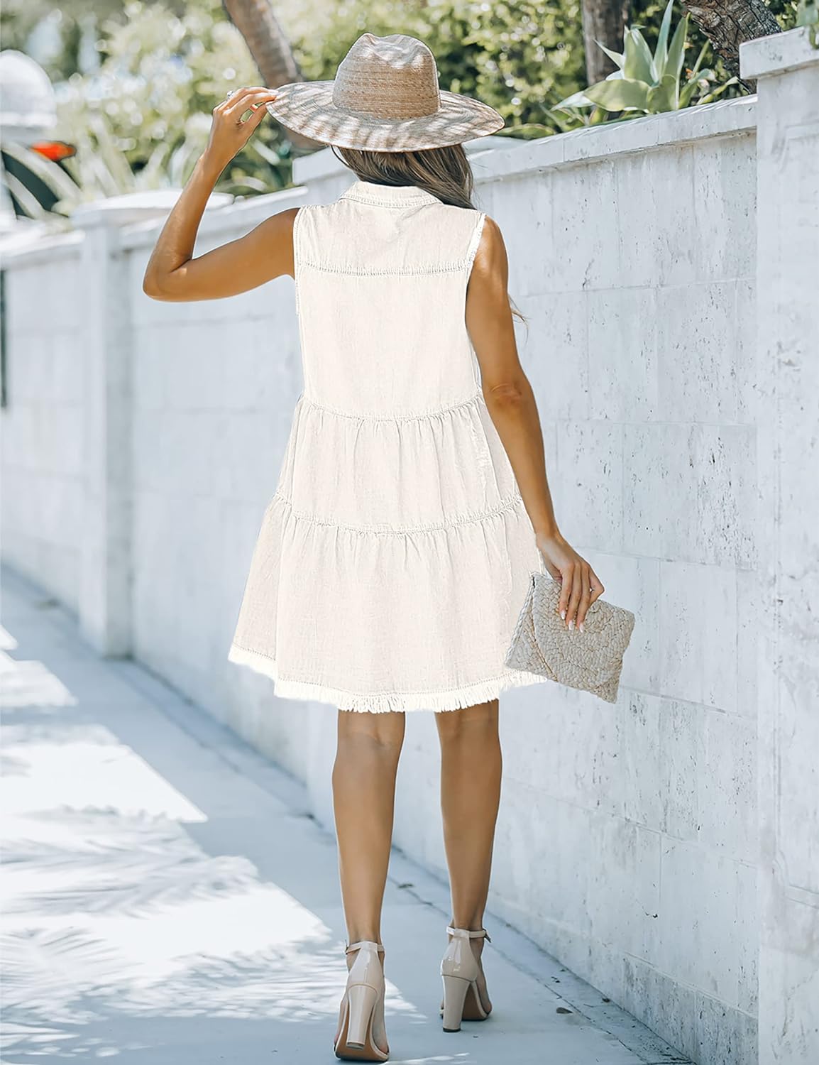 luvamia Women's Casual Summer Lapel Sleeveless Button Down Short Denim Jean Dress