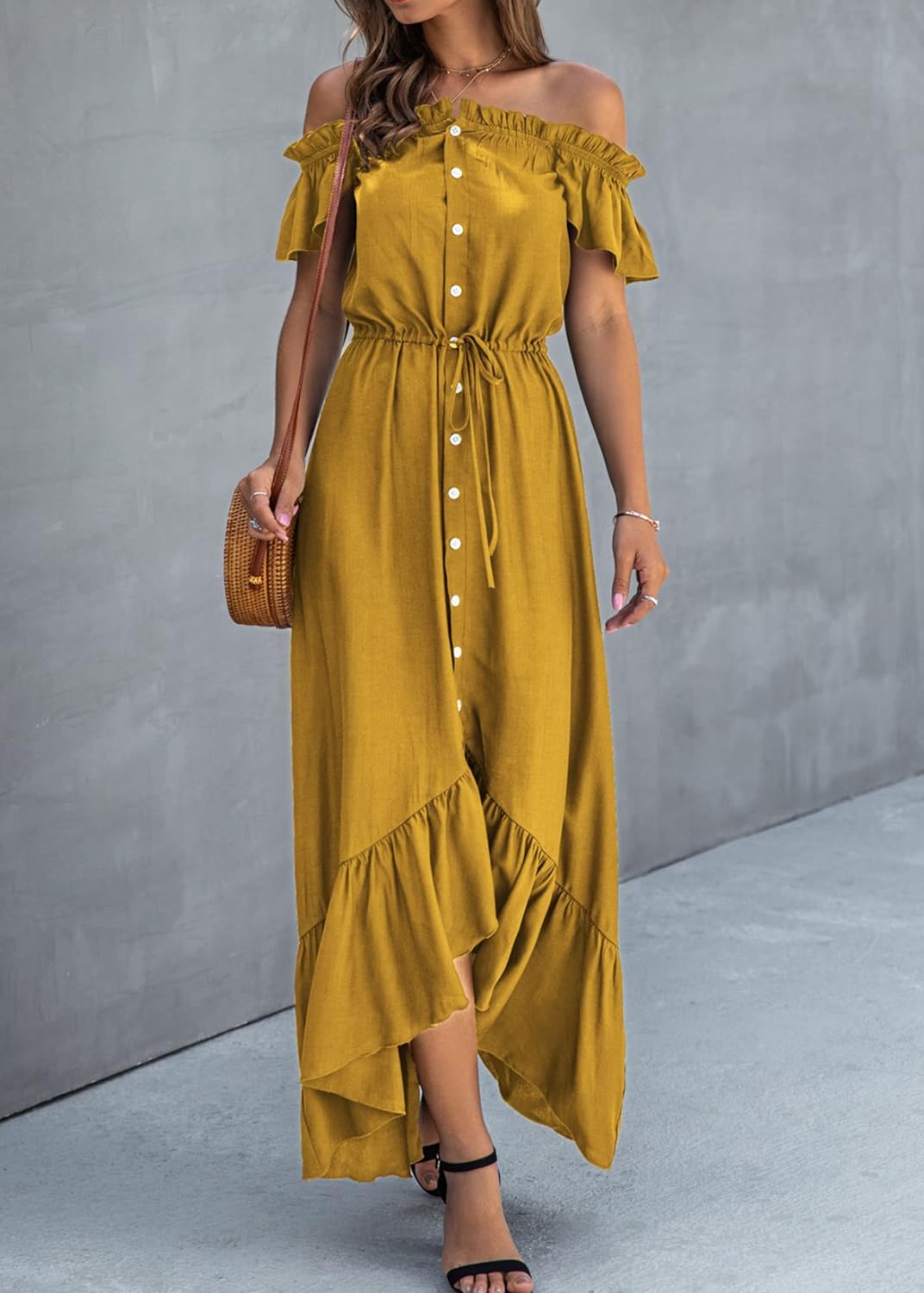 KIRUNDO Women's 2024 Summer Off Shoulder Maxi Dress Swiss Dot Short Sleeve High Waist Ruffle Tiered Flowy Long Dresses