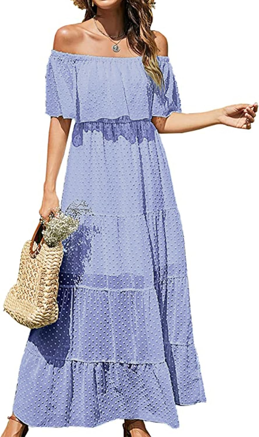 KIRUNDO Women's 2024 Summer Off Shoulder Maxi Dress Swiss Dot Short Sleeve High Waist Ruffle Tiered Flowy Long Dresses