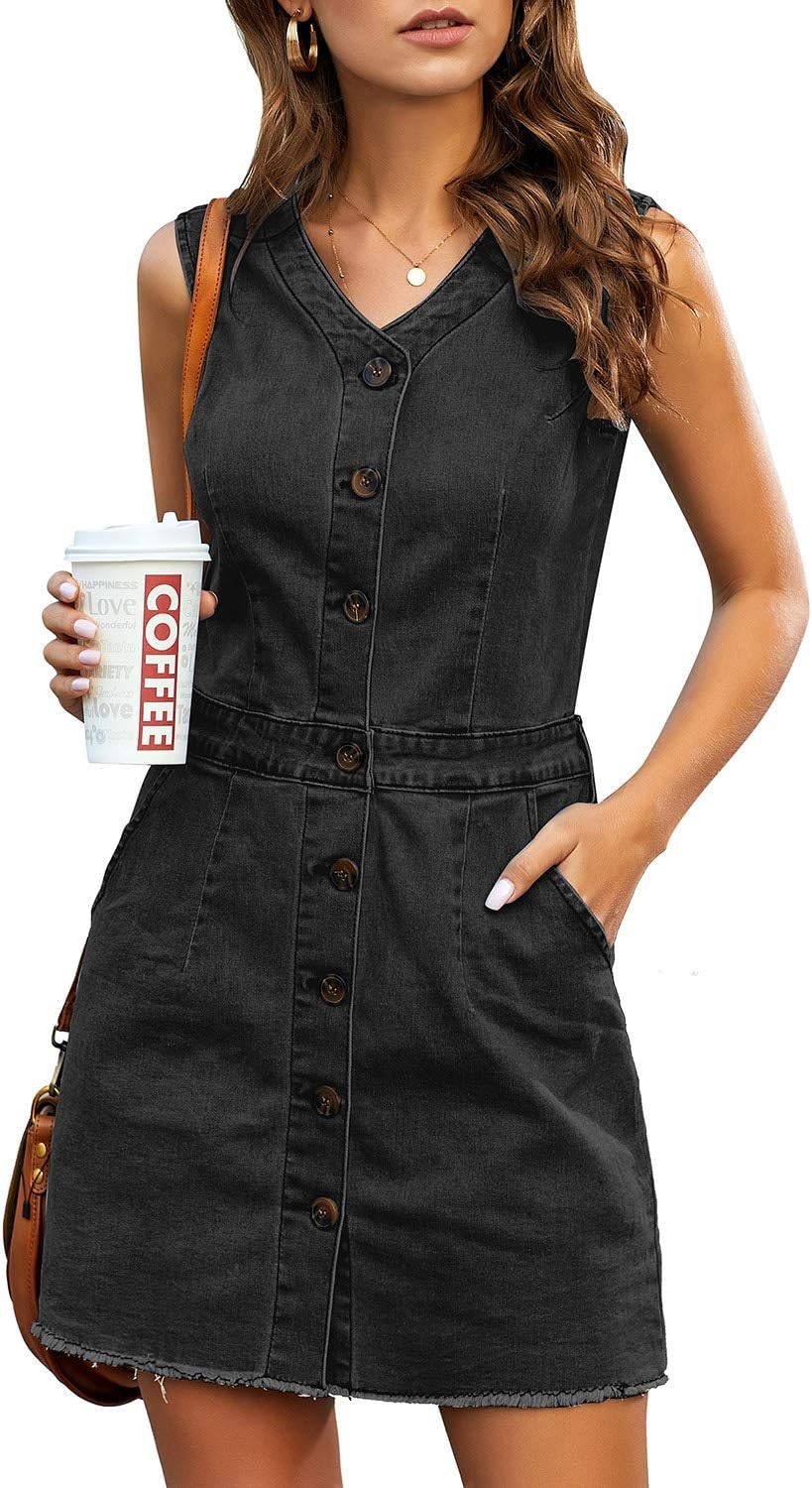luvamia Women's Casual V Neck Sleeveless Jeans Button Down Denim Short Dress