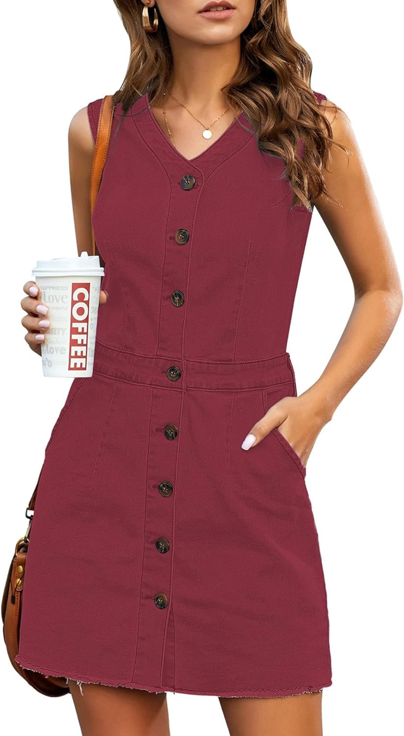 luvamia Women's Casual V Neck Sleeveless Jeans Button Down Denim Short Dress