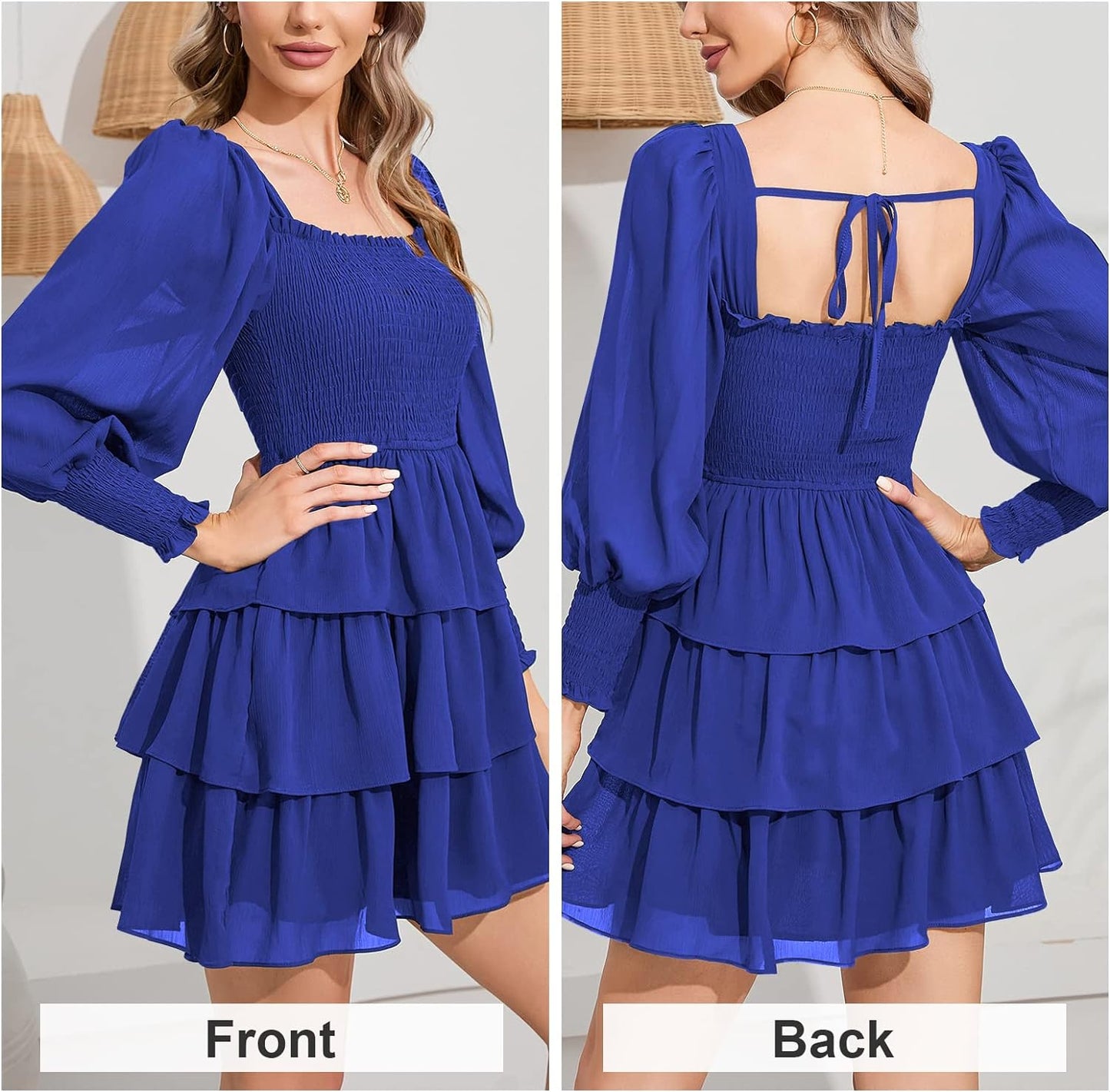 Byinns Women's 2024 Square Neck Ruffle Dress Long Sleeve Floral Print Tiered Tie Back Layered Swing Mini Dress