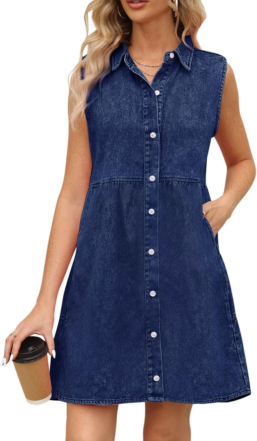 KDF Denim Dress for Women with Pockets Short Sleeve Babydoll Denim Shirt Dresses for Women 2023