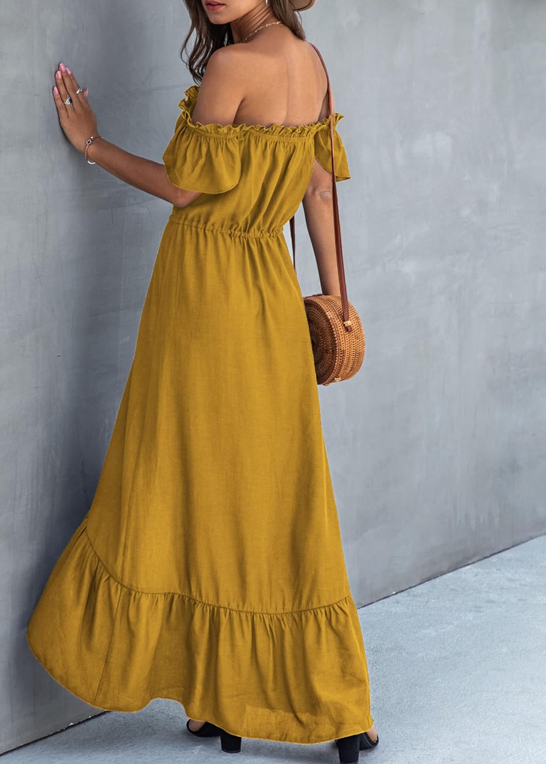 KIRUNDO Women's 2024 Summer Off Shoulder Maxi Dress Swiss Dot Short Sleeve High Waist Ruffle Tiered Flowy Long Dresses