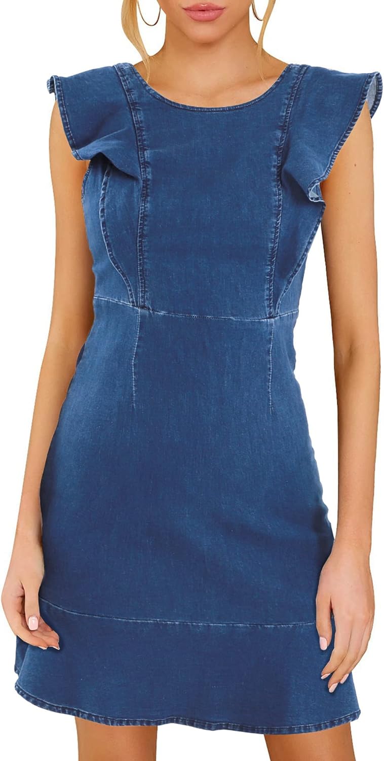 MYHALF Women's Casual Round Neck Ruffle Trim Sleeveless Denim A Line Mini Dress