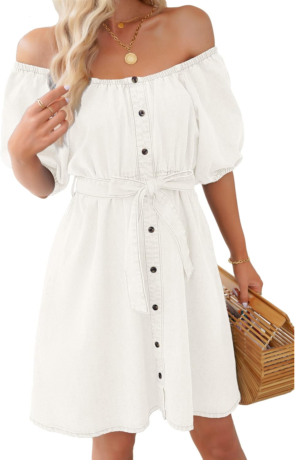 luvamia Denim Dress for Women Off The Shoulder Dresses Puff Sleeve Elastic Waist A Line Short Western Jean Dress Belted