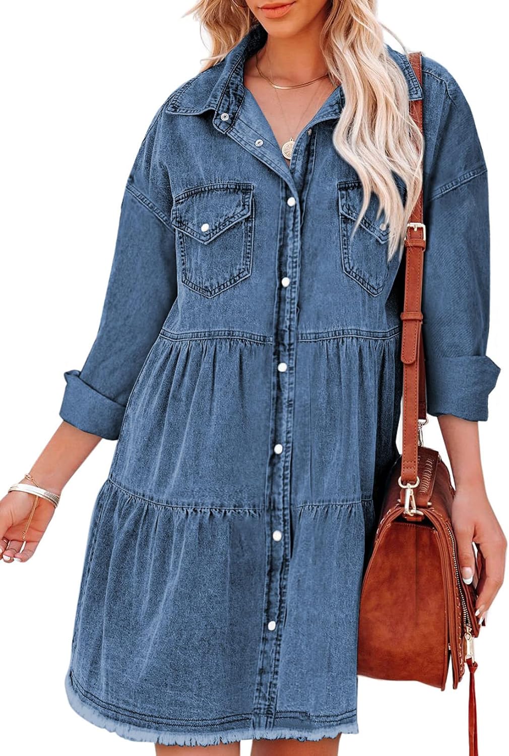 Sidefeel Womens Buttoned Frayed Pocket Short Sleeve Denim Jean Dresses