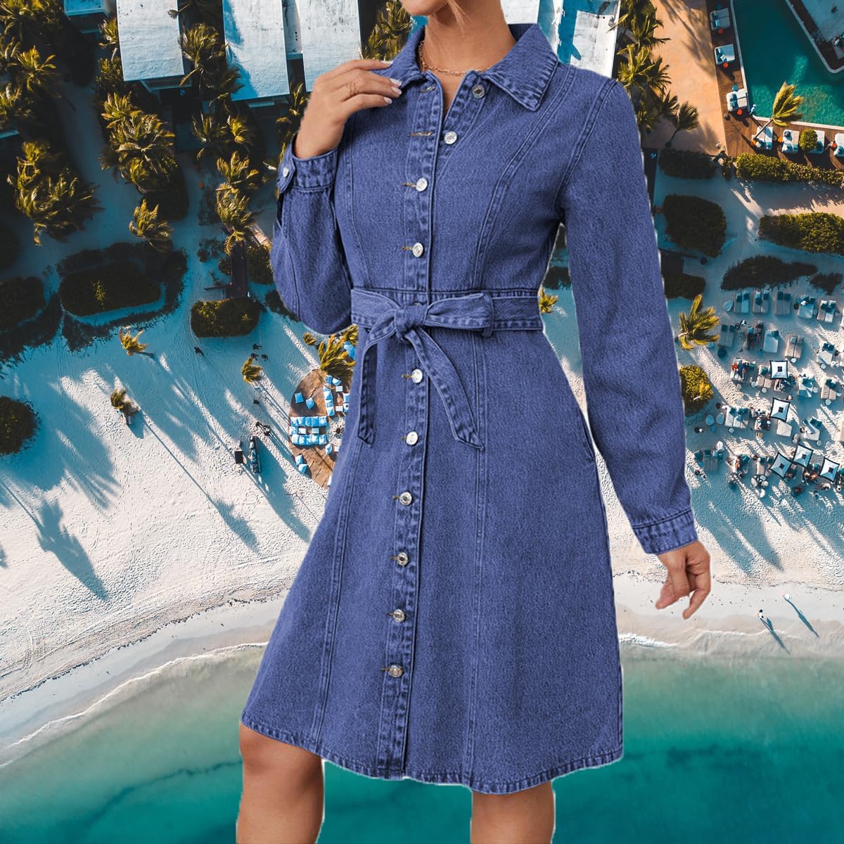 Women's Denim Dresses Long Sleeve Button Down Midi Jean Dress