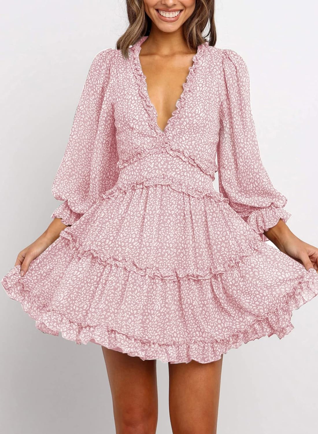 Dokotoo Womens 2024 Spring Summer Deep V Neck Ruffle Floral Flowy Mini Dress