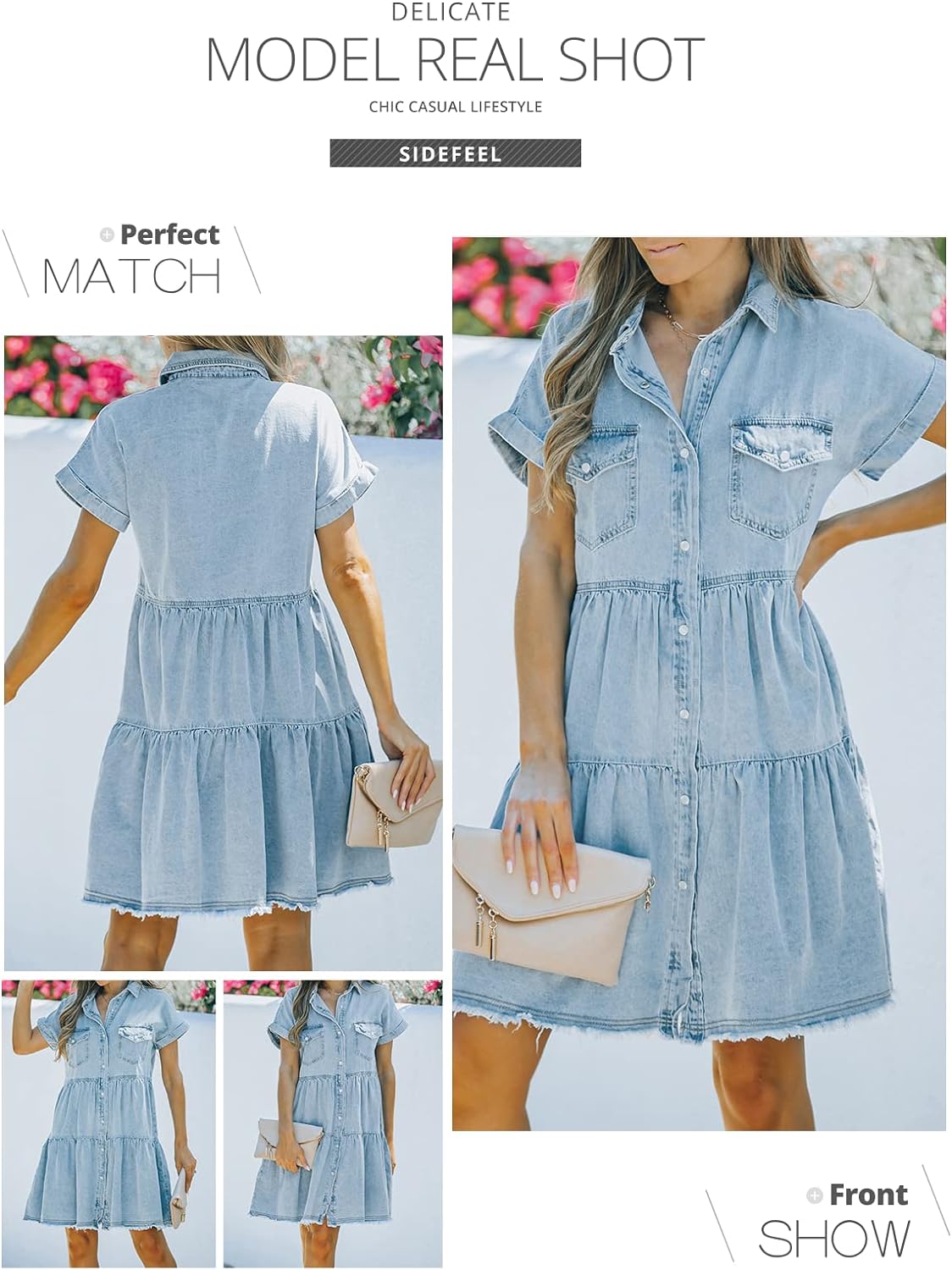 Sidefeel Womens Buttoned Frayed Pocket Short Sleeve Denim Jean Dresses