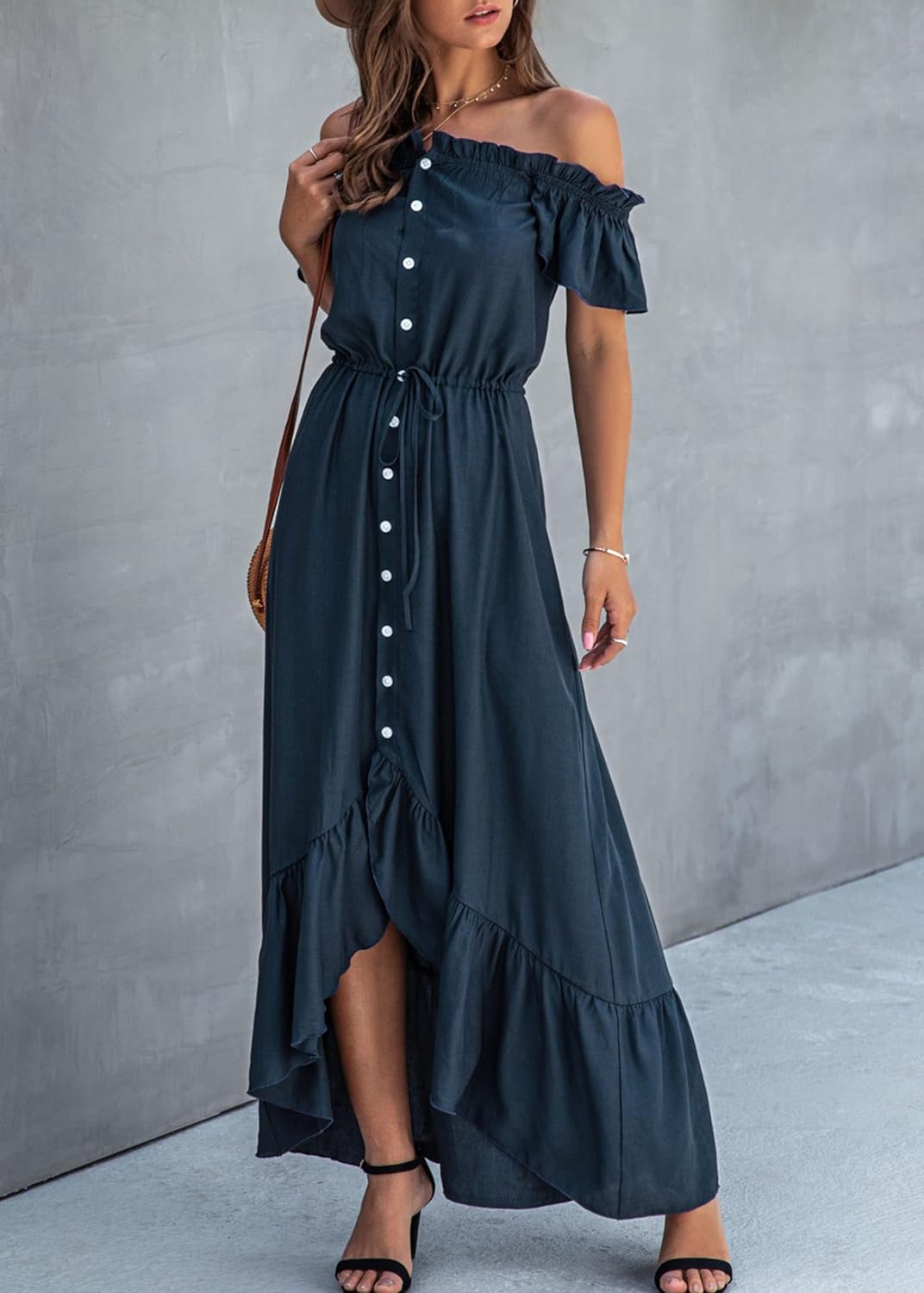 KIRUNDO Women's 2024 Summer Off Shoulder Maxi Dress Swiss Dot Short Sleeve High Waist Ruffle Tiered Flowy Long Dresses