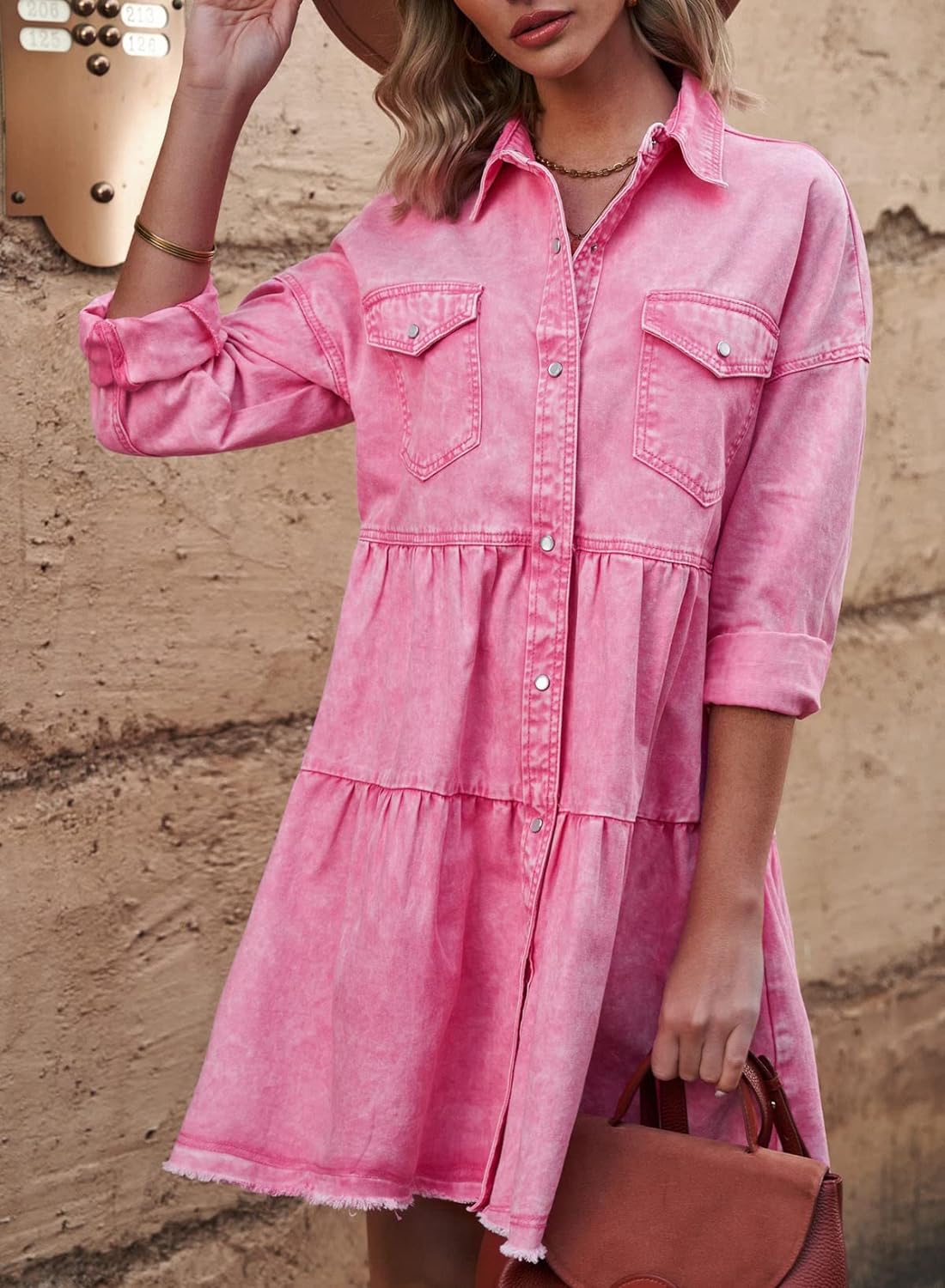 Sidefeel Womens Buttoned Frayed Pocket Short Sleeve Denim Jean Dresses