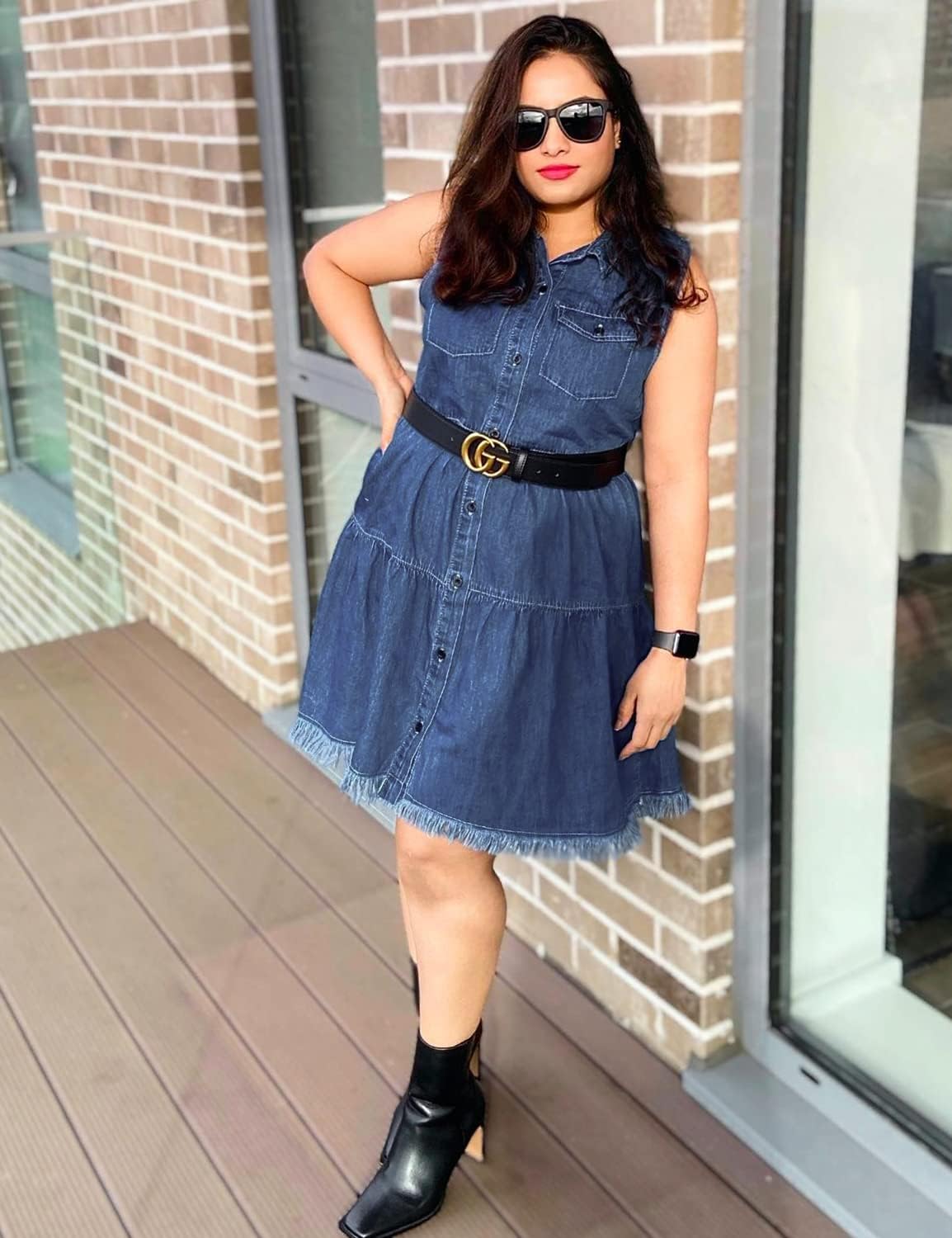 luvamia Women's Casual Summer Lapel Sleeveless Button Down Short Denim Jean Dress