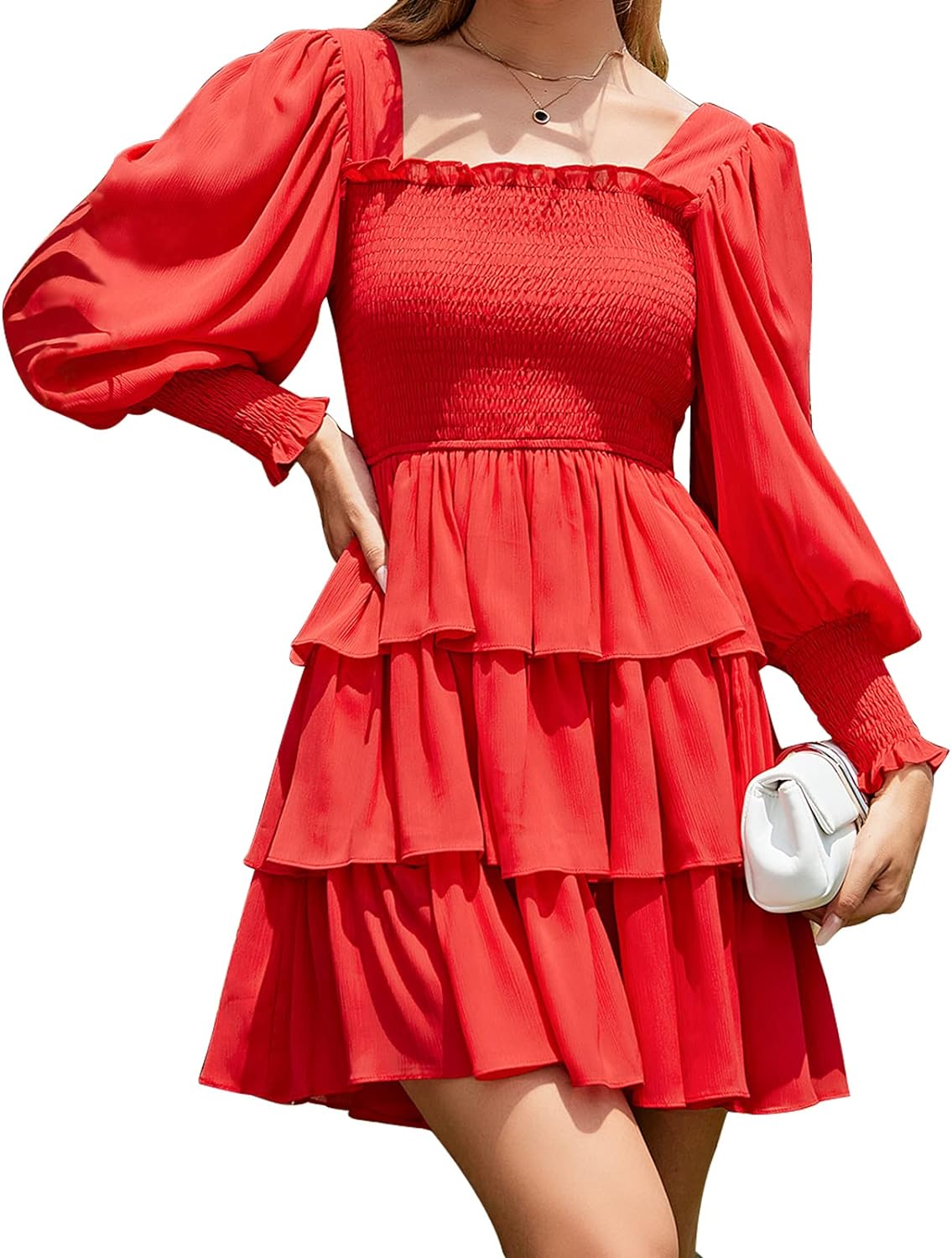 Byinns Women's 2024 Square Neck Ruffle Dress Long Sleeve Floral Print Tiered Tie Back Layered Swing Mini Dress