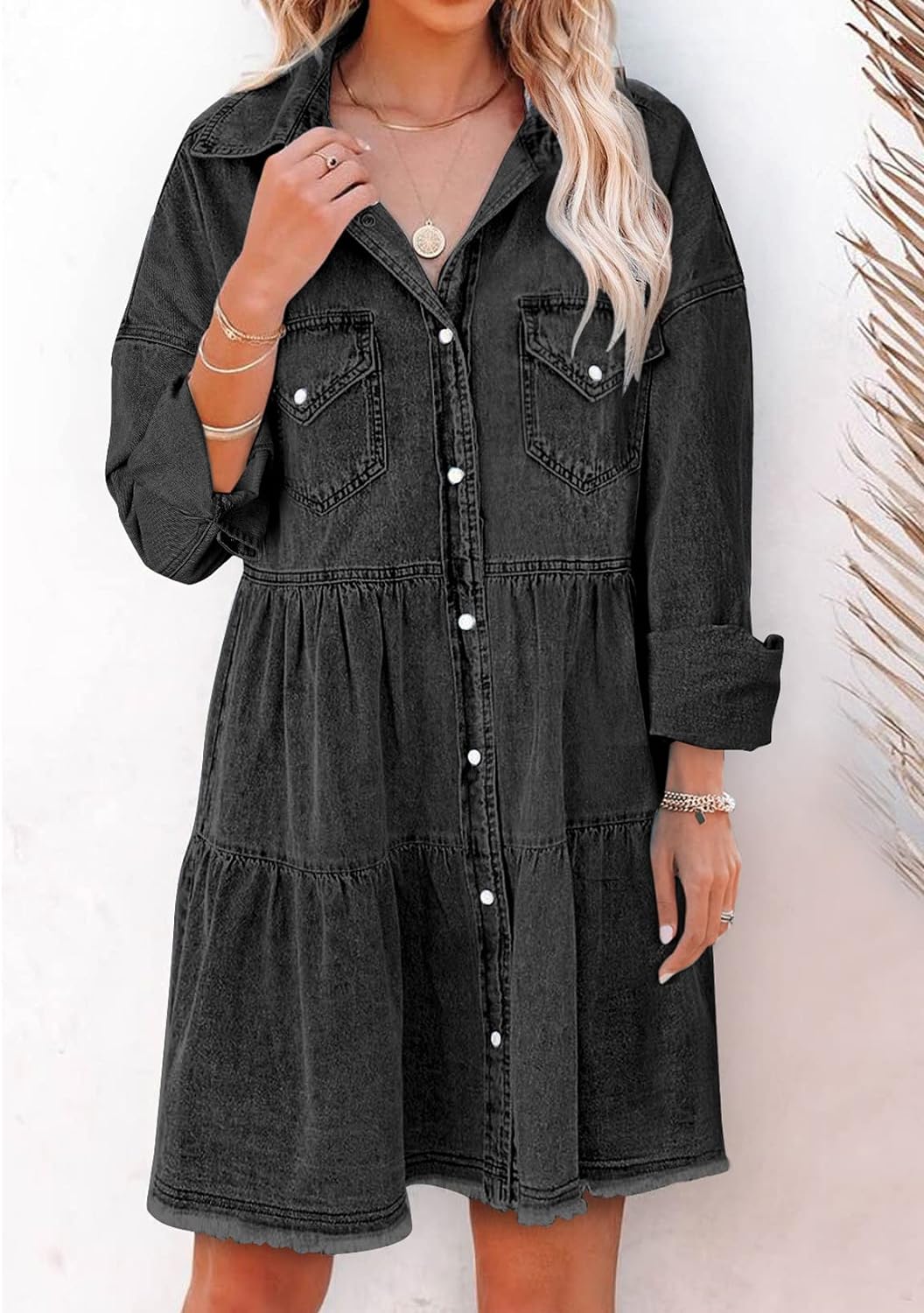 Sidefeel Womens Buttoned Frayed Pocket Short Sleeve Denim Jean Dresses