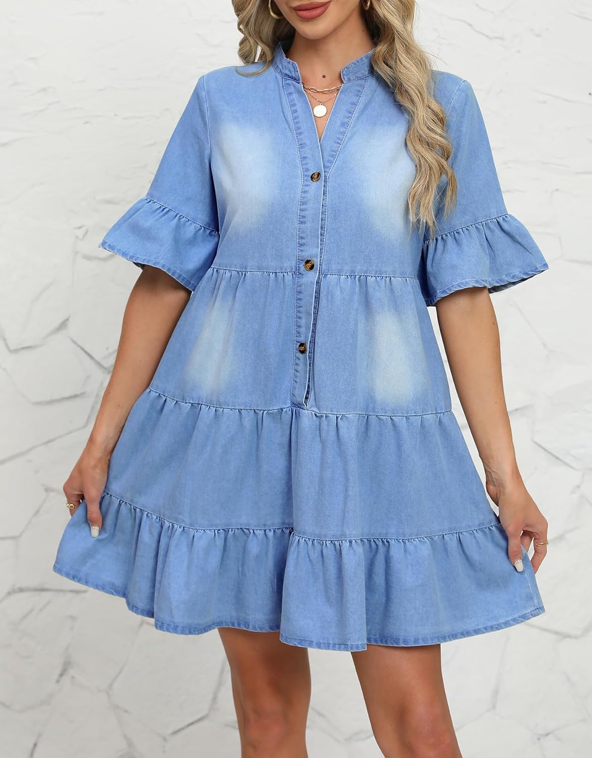 Women Denim Dresses Casual V Neck Ruffle Short Sleeve Summer Denim Jean Dress