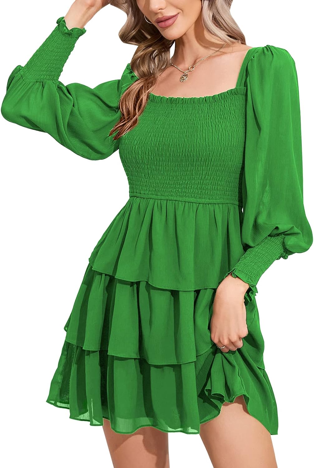 Byinns Women's 2024 Square Neck Ruffle Dress Long Sleeve Floral Print Tiered Tie Back Layered Swing Mini Dress