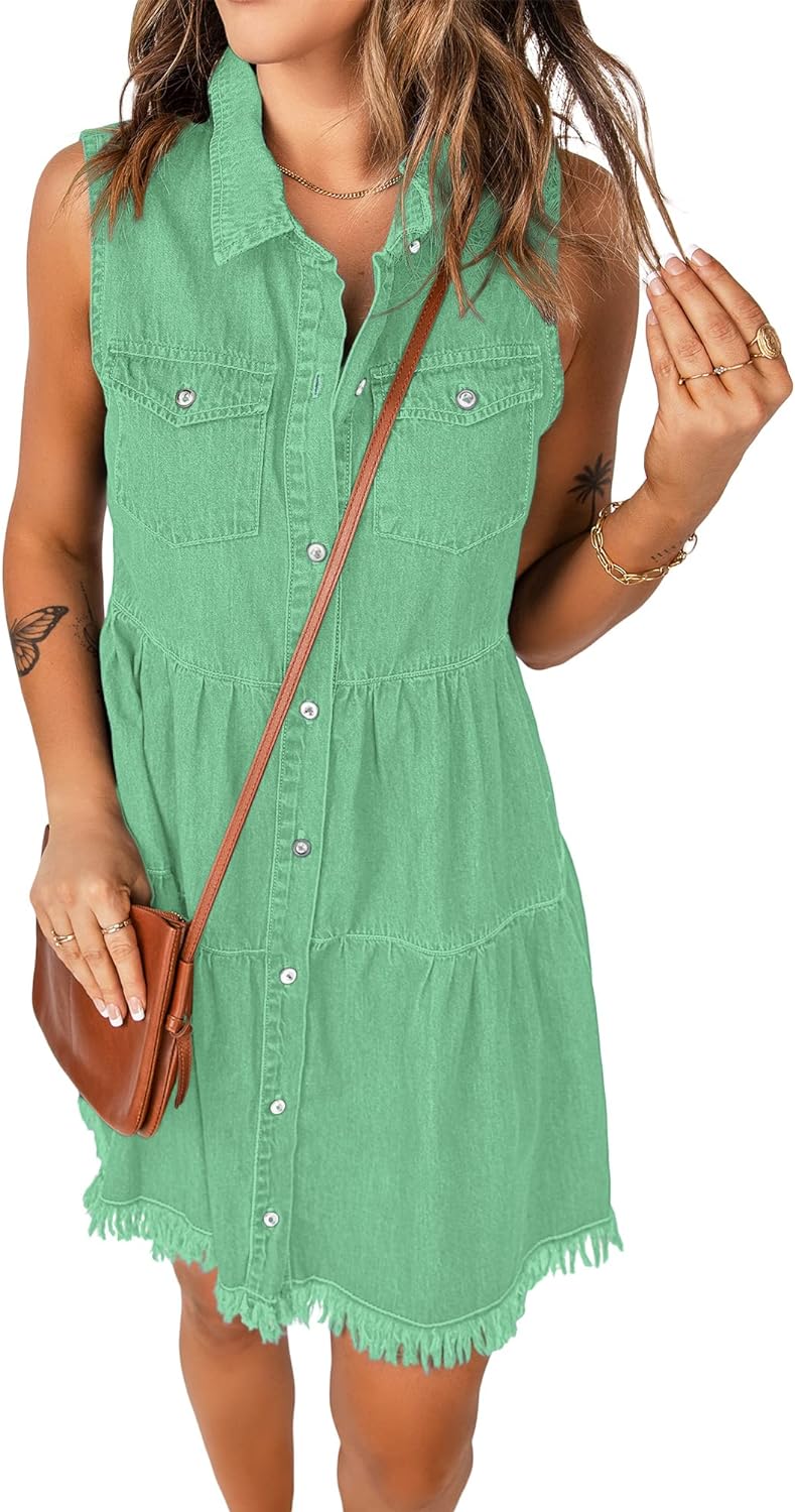 luvamia Women's Casual Summer Lapel Sleeveless Button Down Short Denim Jean Dress
