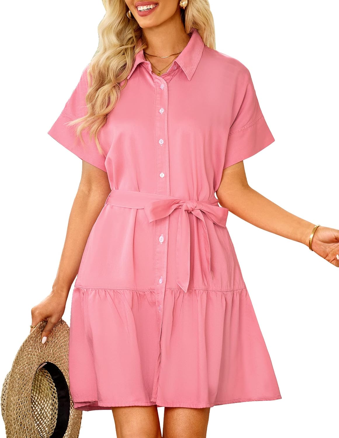 GRAPENT Denim Dress for Women Summer Button Down Belted Short Dresses Flowy Western Casual Jean Dress