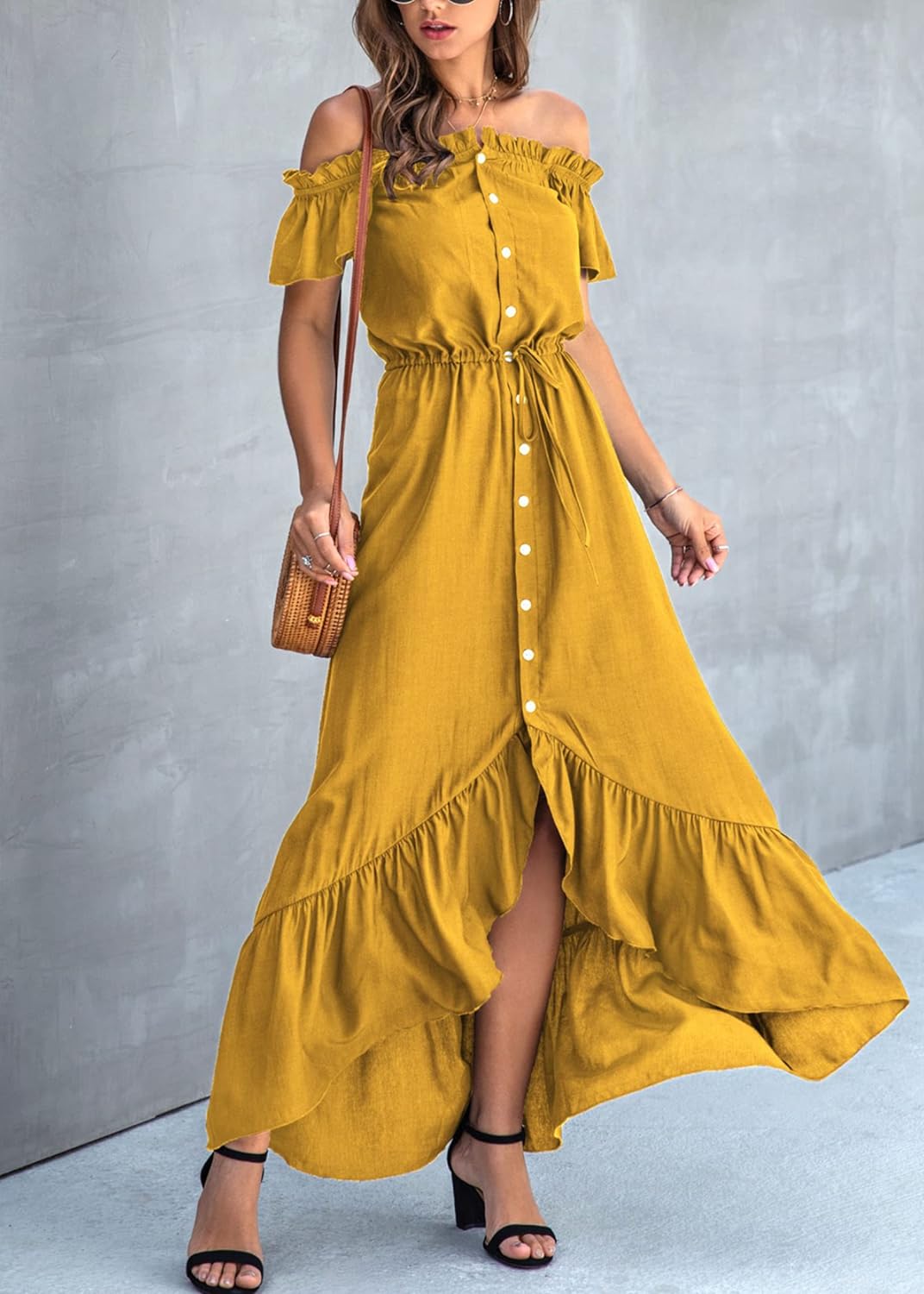 KIRUNDO Women's 2024 Summer Off Shoulder Maxi Dress Swiss Dot Short Sleeve High Waist Ruffle Tiered Flowy Long Dresses