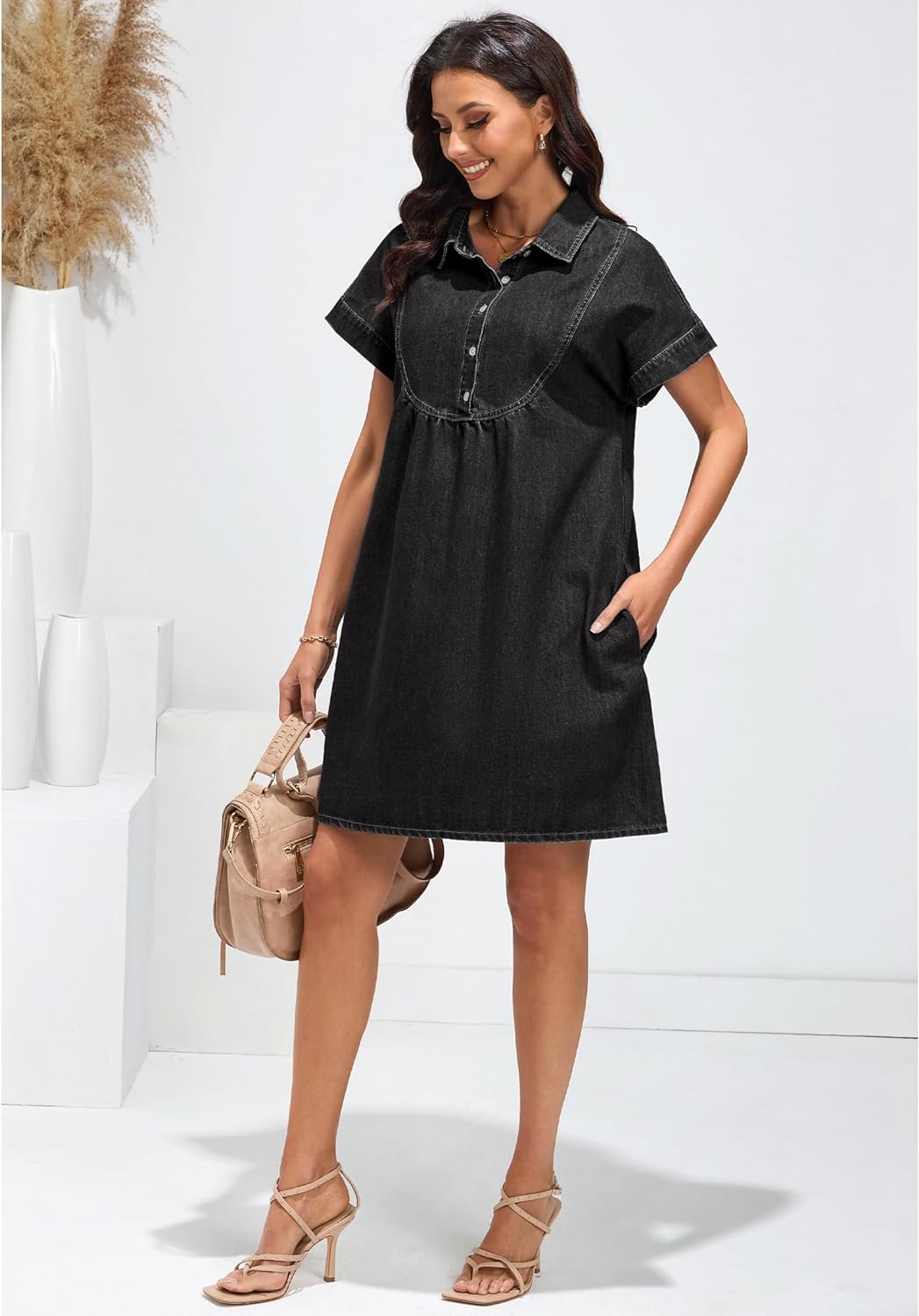 luvamia Denim Dress for Women Summer Short Sleeve Button Down Collared Pleated Western Jean Dresses with Pockets Relaxed
