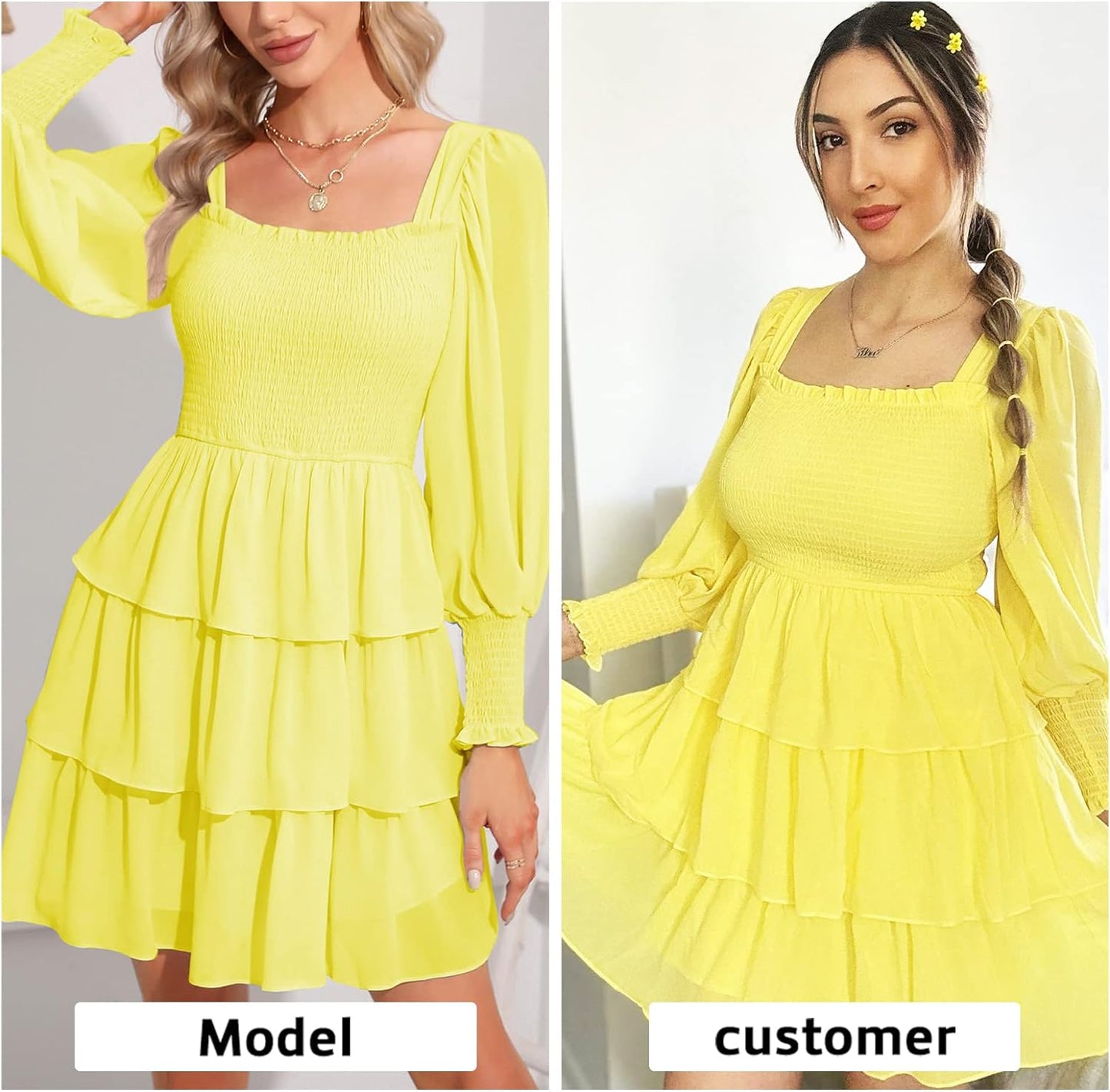 Byinns Women's 2024 Square Neck Ruffle Dress Long Sleeve Floral Print Tiered Tie Back Layered Swing Mini Dress