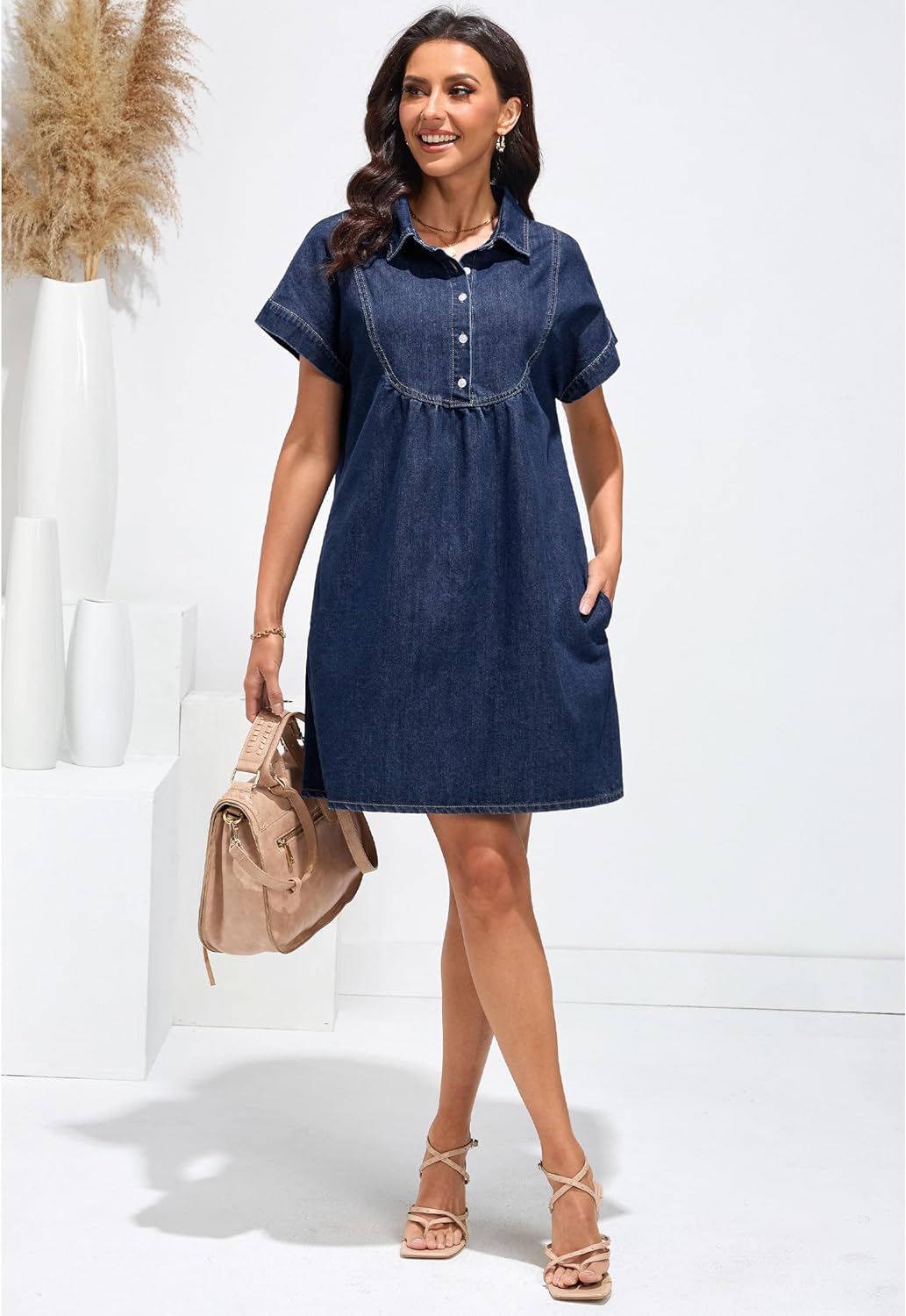 luvamia Denim Dress for Women Summer Short Sleeve Button Down Collared Pleated Western Jean Dresses with Pockets Relaxed
