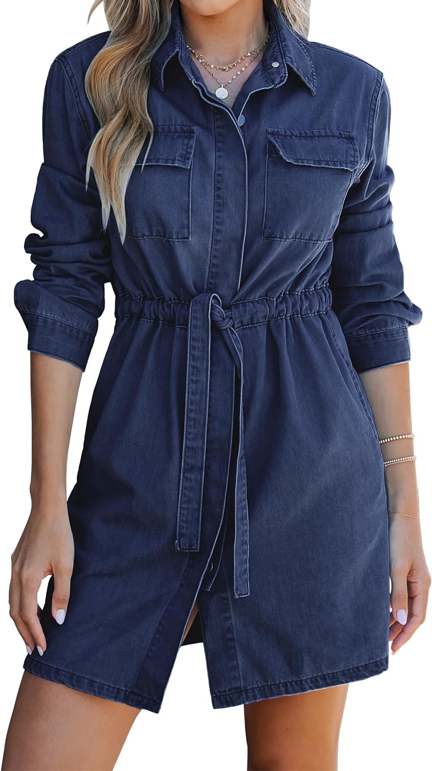 luvamia Denim Dress for Women Long Sleeve Jean Button Down Shirt Dresses with Pockets Casual Fashion Shift Short Dress