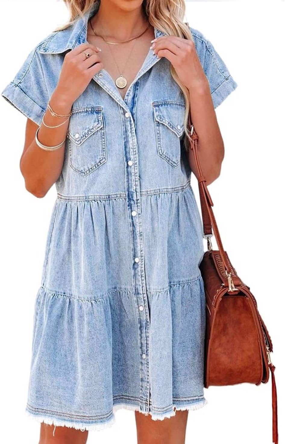 Sidefeel Womens Buttoned Frayed Pocket Short Sleeve Denim Jean Dresses