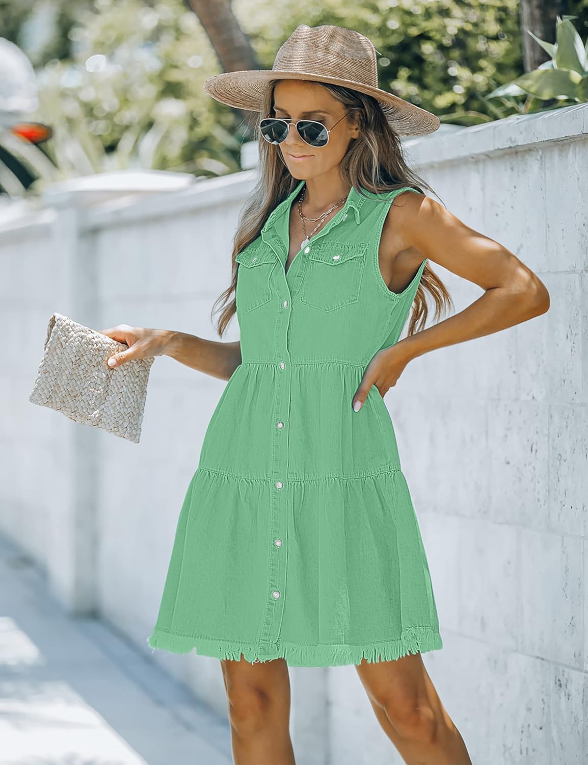 luvamia Women's Casual Summer Lapel Sleeveless Button Down Short Denim Jean Dress