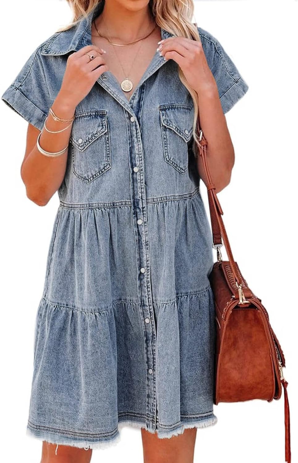 Sidefeel Womens Buttoned Frayed Pocket Short Sleeve Denim Jean Dresses
