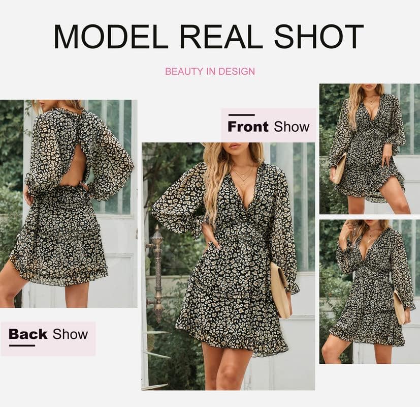 Dokotoo Womens 2024 Spring Summer Deep V Neck Ruffle Floral Flowy Mini Dress