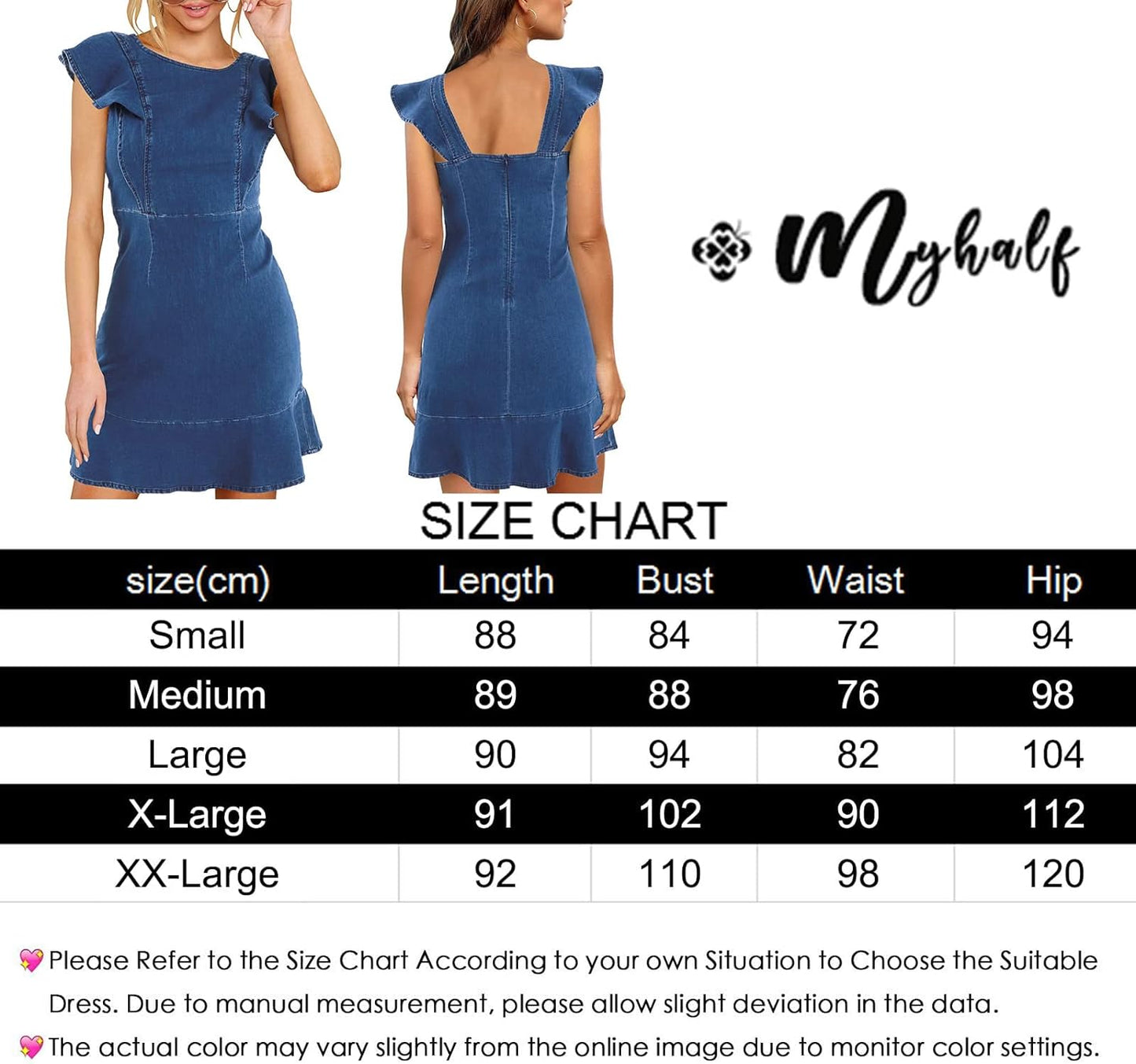 MYHALF Women's Casual Round Neck Ruffle Trim Sleeveless Denim A Line Mini Dress