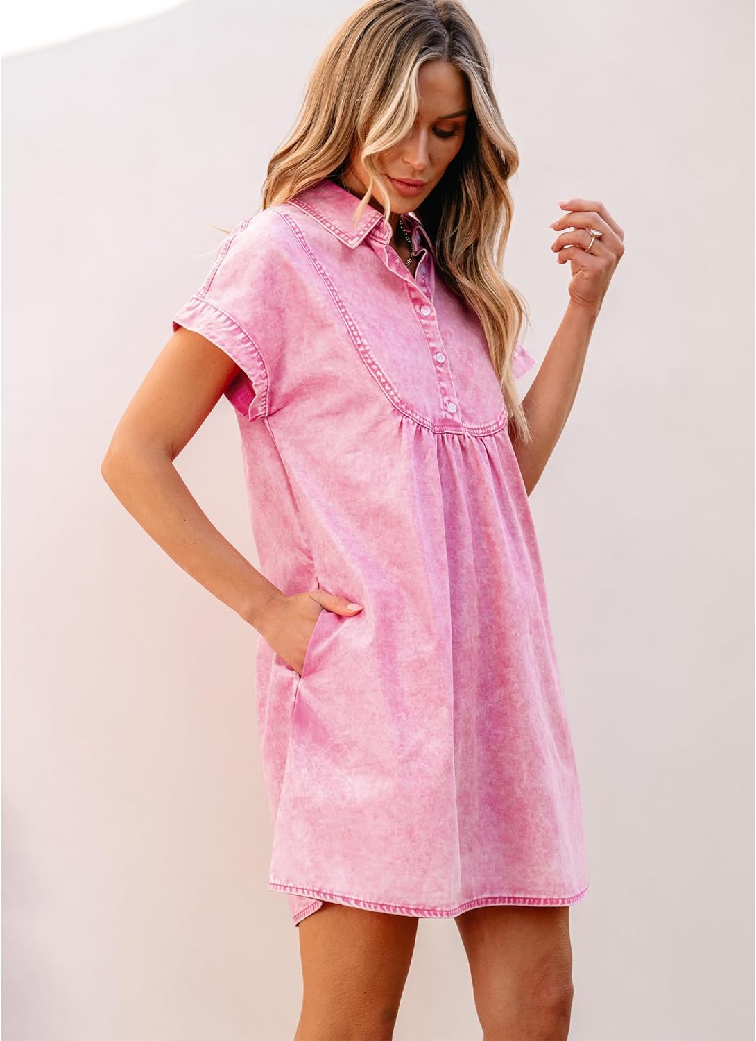 luvamia Denim Dress for Women Summer Short Sleeve Button Down Collared Pleated Western Jean Dresses with Pockets Relaxed