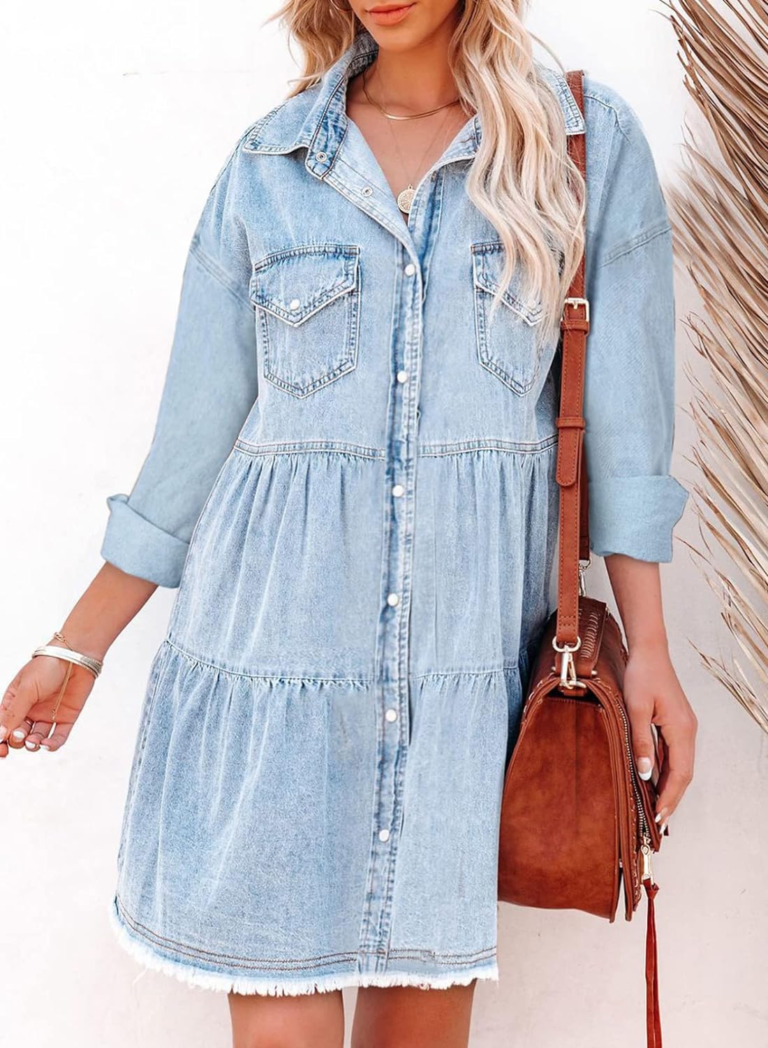 Sidefeel Womens Buttoned Frayed Pocket Short Sleeve Denim Jean Dresses