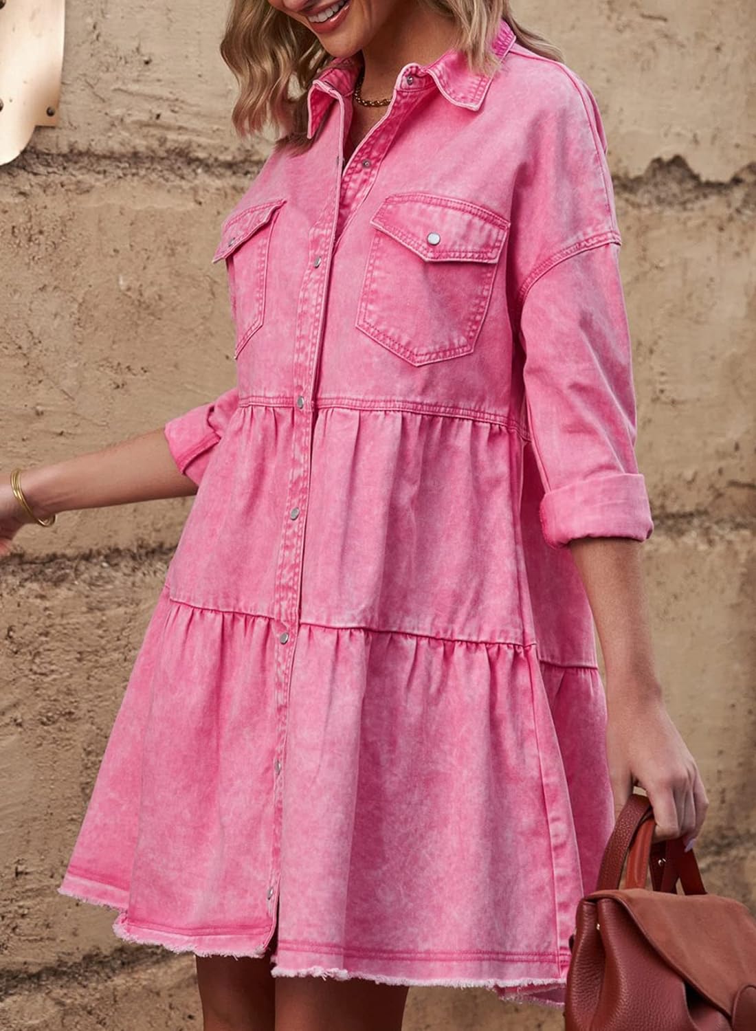 Sidefeel Womens Buttoned Frayed Pocket Short Sleeve Denim Jean Dresses